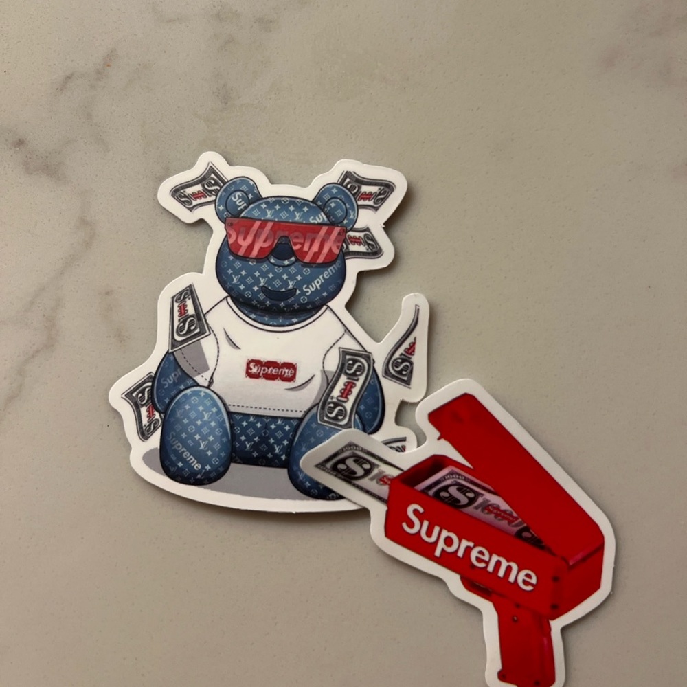 Supreme Blue Bear and Red money gun sticker